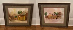 Pair – CAROL REILLY Vintage Signed Original Watercolors, City Life, Rural Town