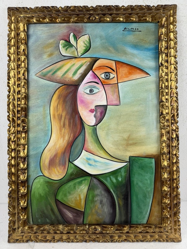 Pablo Picasso (Handmade) Oil On Canvas Signed & Stamped Framed Painting, Vtg Art
