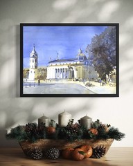 Vilnius Cathedral colorful watercolor painting Lithuania cityscape art for house
