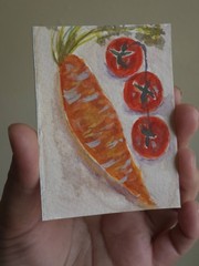 ACEO original Food Art Tomatoes Cherry Carrots Still Life Gouache 2.5″3.5″