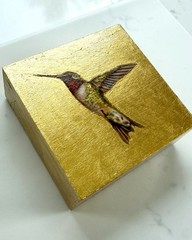 Original Hummingbird Realism Oil Painting on Gold Foil Nature Art