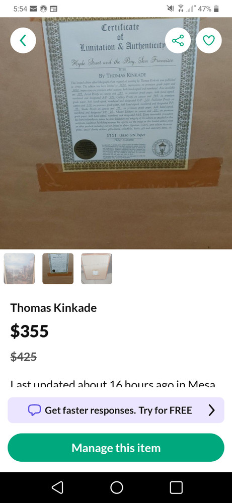 THOMAS KINKADE – THE HEART OF SAN FRANCISCO S/N 30″ x 40″ HE GICLEE CANVAS w/COA