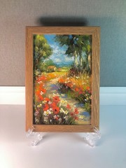 Original Oil Painting in Frame Path Flowers Summer Mood Miniature 6x4in