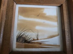 FRAN LARSEN (American,1937) Landscape Birds Marsh Dune Minimalist 4″ Brown White