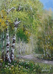 Birch Grove Original Oil Painting, Soft gold Light In summer Landscape Artwork