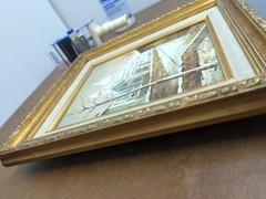 Vintage Oil Painting Of Snowy European Street With Ornate Gold Frame