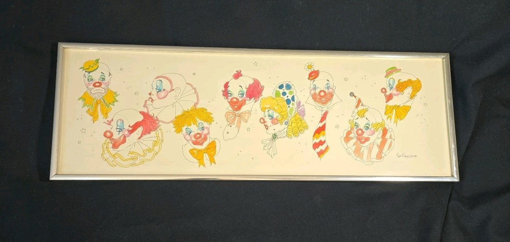 VTG SIGNED RICK ST. DENNIS 1981 ORIGINAL PENCIL ON PAPER PAINTING CLOWNS FRAMED