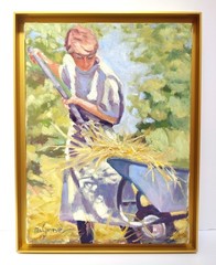 Vintage Hay Harvest Country Farm Scene Painting on Canvas Gold Metal Frame 10×13