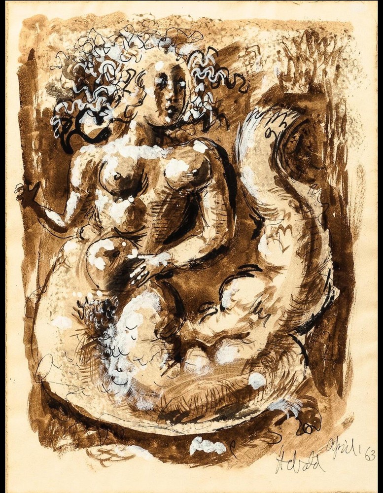 MILTON HEBALD WATERCOLOR WASH OF A MERMAID , PEN INK PAINT FREE SHIPPING!!