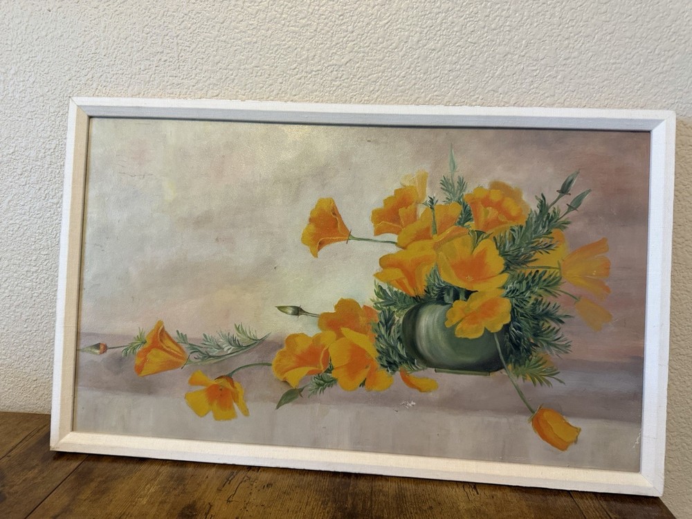 Vintage Art Painting Framed Wall Orange Poppies Flowers In Vase