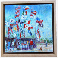 Original Oil Painting Market Flags Impressionism Framed Weatherford Texas Signed