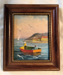 Small Framed Painting Wall Art Fishing Boat Scene Signed
