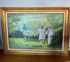 44 x 32 Oil Painting HERDING SPRING LAMBS SHEEP BOY & GIRL Signed ANDRÉ DEMINES