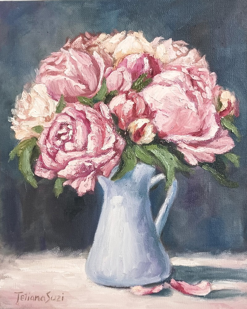 Peony ORIGINAL Oil Painting Vintage Flowers in Vase Still Life 8″ x 10″
