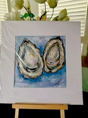 2 Oysters Coastal Beach Art Original Painting With White Mat Linda Yake 12 X 12
