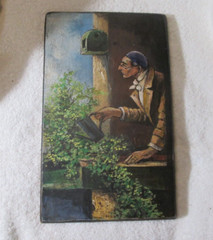 Vintage Original Painting On Wood Board Jewish Man Watering Plants