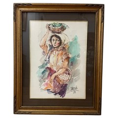 Salvador Cabrera 1983 Painting Woman Carrying Baskets Signed & Framed