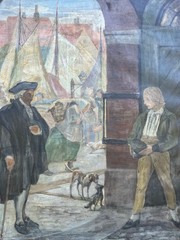 Impressionist Harbour Scene Küstenstadt People Sailing Ships Dogs Antique Oil