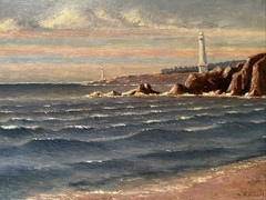 WILLIAM HILLIARD PAINTING ANTIQUE COASTAL LIGHTHOUSE BEACH LANDSCAPE FAMOUS OIL