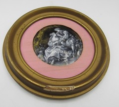 Antique Limoges enamel painting after Boucher Pastoral roundel 6.5” frame round