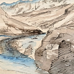 Original ink & watercolor on paper. River/Rock/Glacier Landscape. 8″x10″