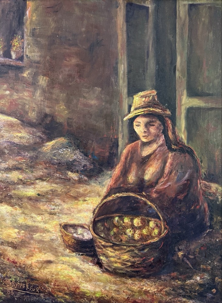 Maria Fernandez, 1985, Vintage Oil Painting, Woman with Basket