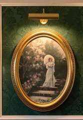 Framed Realism Painting Portrait of Woman in White Dress, Garden Flowers