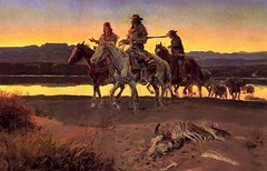 Oil painting horseman cowboys in sunset landscape with Animal bones canvas brook