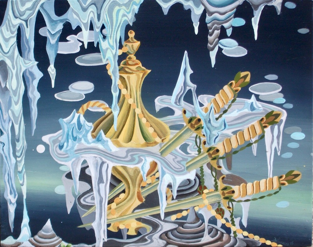 Surreal Abstract Ice Cave with Swords and Bottle Acrylic 11 x 14 on Wood