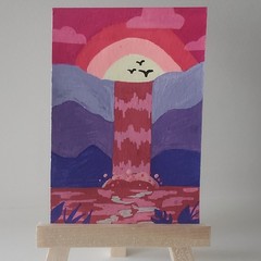 ACEO, Original Abstract Sunset Mountain Waterfall Landscape Painting Birds