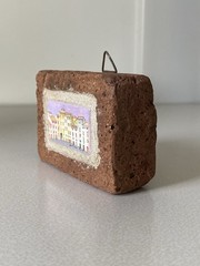 Vintage Miniature Painting on Brick Stone Spanish European Landscape Cityscape