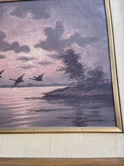 Sunset Evening Painting Landscape Water Flaying Birds Signed 1960’s Mystery Oil