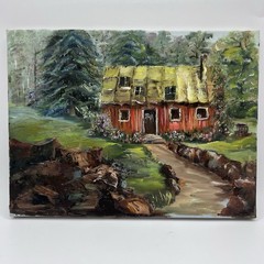 Vintage Oil Painting Rustic Old Cabin Farmhouse Decor Canvas 9 x 12 Inches OOAK