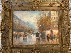 Vintage PENCKE Street Scene Oil Painting 18” X 22.5” Ornate Gold Gilt Wood Frame