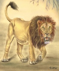 Animal Miniature Painting Of Lion Handmade Vintage Art On Paper 10.5×13.5 Inches