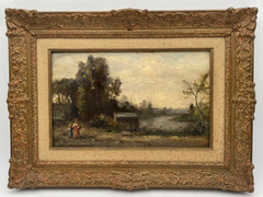 19th Barbizon School French Animated Landscape Women by the River Oil Canvas