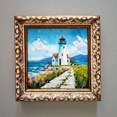 Lighthouse Impasto Original Oil Painting: 3D Textured Art Unframed 6×6″