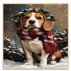 Christmas Beagle with Holly Wreath Canvas Art for Winter Snow Home Wall Decor