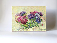 Textured Floral Oil Painting Asters Bouquet Impasto Canvas Art 16x12in