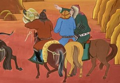 Antique Mongolian Landscape Hunting Falconry Horse ￼ZURAG Gouache Painting