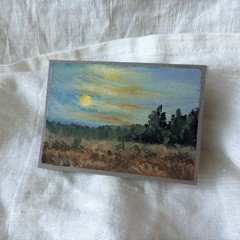 Original ACEO Night Landscape Full Moon and Field Impressionist Mini Painting