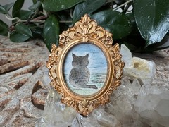 mini cat original watercolor painting in gold frame, miniature art work new