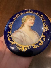 Antique Porcelain Plaque Painting Portrait Young Lady Flowers in Gold Blue Frame