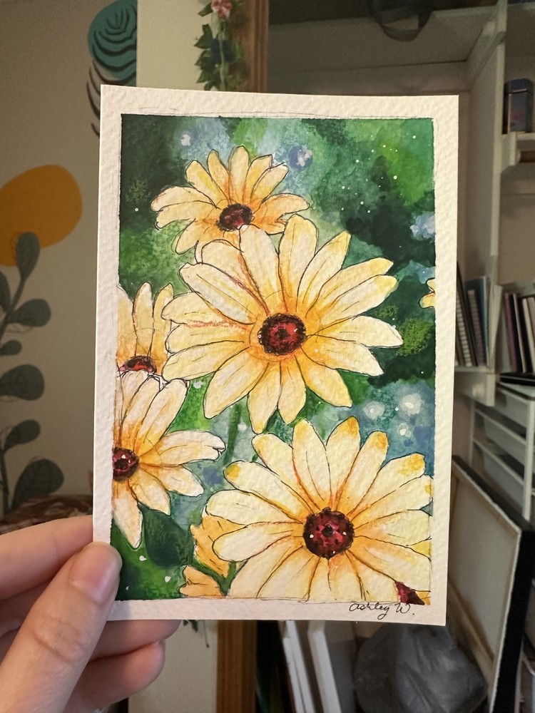 Original Daisy Floral Painting, Gouache and Watercolor Flower Art 4×6 inches