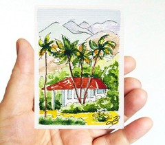 ACEO Original Art Hawaii Watercolor Palm trees painting Mountains, Beach House