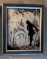 Vintage 1930s Reverse Glass Silhouette Pair Deltex At The Gate Bed Time Art Deco