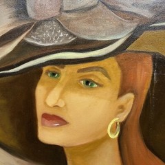 Vintage Oil Portrait Woman in Large Hat Gold Gilt Wood Frame 25×29