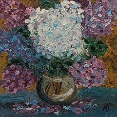 Original Miniature Hydrangea Oil Painting Framed Floral Bouquet Impasto Art 4×4