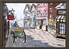French Village Painting by Helen Jacobson Custom Frame – Cafe Man in Buggy