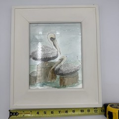 Watercolor Art Pelican Framed Signed 15×13 Original Artist Beach Cottage Decor